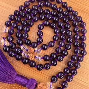 ST0646 Hand Knotted Amethyst Clear Quartz Rudraksha Mala Women Yoga Meditation Beads 108 Malas Necklace Women