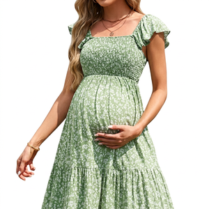 Robe d'été pour femme de haute qualité, style bohème vintage, coupe ajustée, col montant, manches courtes, simple boutonnage, en polyester, à motif floral - Product Image 1
