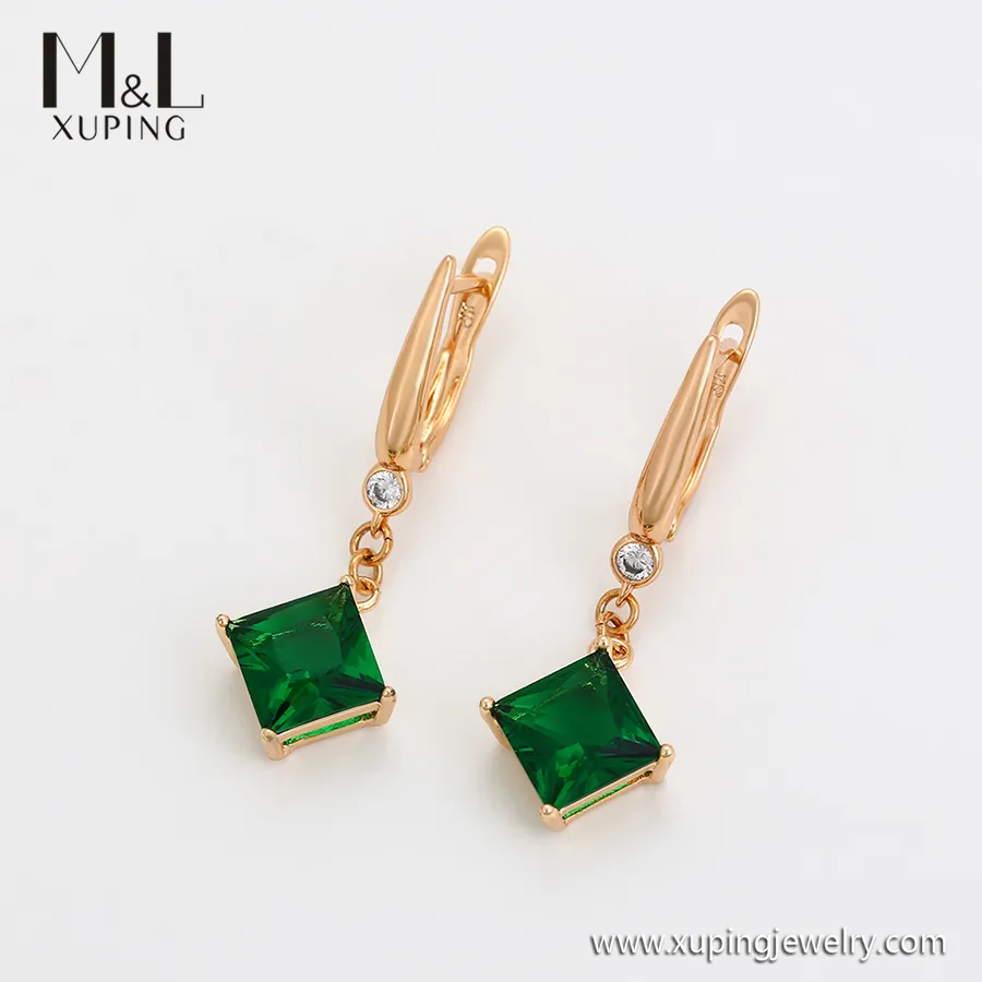 ML38122 XUPING ML Store Discounted Price Copper Jewelry Drop Geometric Green Square Zircon 18K Gold Color Hoop Earring
