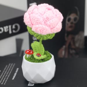 Maceta con Flor de Rosa Tejida a Crochet, Maceta Artificial de Lana, Adorno para el Hogar, Tamaño Mini, Natural, Día de San Valentín - Product Image 5