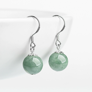Natural genuine jade green round beads <b>earrings</b> in S925 <b>silver</b> <b>set</b> with jade stones. Fashionable women's <b>earrings</b> - Product Image 1