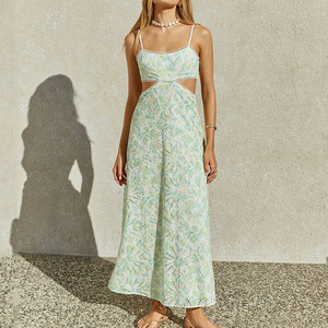 Vestido maxi verde plisado de verano para la playa, bordado calado, vestido bordado de poliéster personalizado - Product Image 2