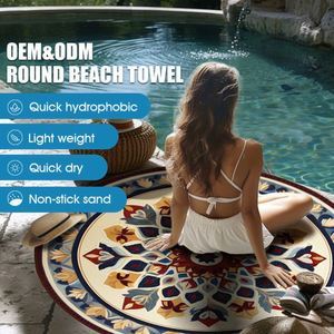 Serviette de plage ronde en microfibre douce de haute qualité, personnalisable, en gros, avec sac et pompon - Product Image 2