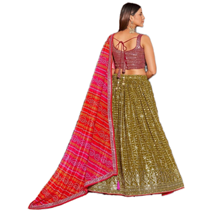 Fabuleux vert olive paillettes Georgette Lehenga Choli ensemble avec Dupatta pour tenue de soirée - Product Image 1