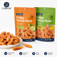 Têtes de crevettes croustillantes prêtes à consommer, collation de fruits de mer 35g, saveur citron vert, wasabi et jaune d'œuf, durée de conservation 8 mois, emballage de détail, vente en gros, OEM, approvisionnement en vrac