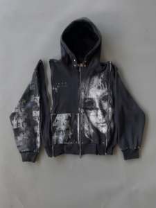 Sudaderas con capucha para hombre, personalizadas al por mayor, de algodón polar, estilo streetwear grunge, con mangas desmontables, gráfico facial, con tachuelas y múltiples cremalleras - Product Image 1