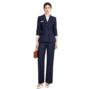 Women's Dark Blue Business Suit Set Full Sleeve Formal Anti-Wrinkle <b>Wool</b> Blend Workwear For Office Hotel Bank Jobs - Product Image 5