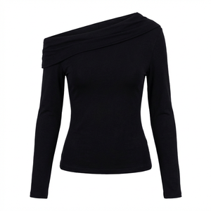 Maglietta da <span class=keywords><strong>donna</strong></span> monospalla a manica lunga con scollo asimmetrico, vestibilità slim, <span class=keywords><strong>nera</strong></span>, casual, alla moda, tinta unita, traspirante - Product Image 1