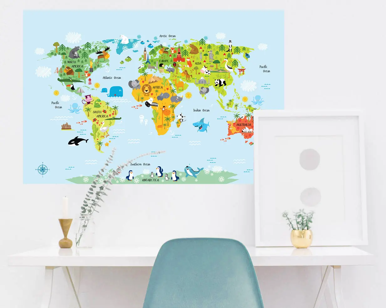 Animal World Map Kids Removable Wall Stickers Decal for Kids Nursery Bedroom Living Room