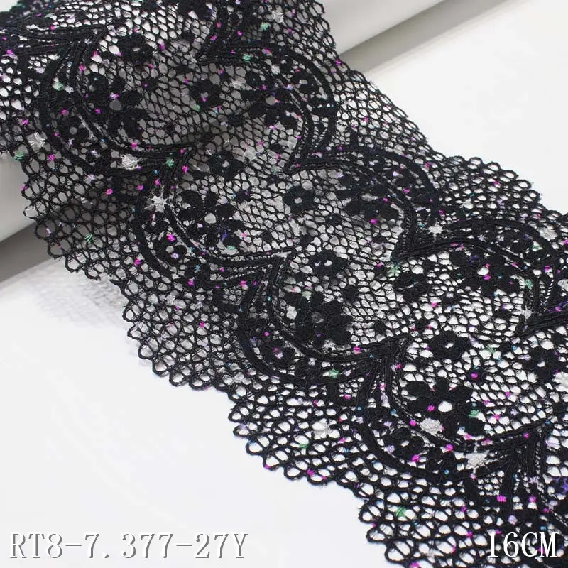 Fancy Black French Stretch Lace for Lingerie 16cm Colorful Flower Trim Hollowed Spandex Fabric