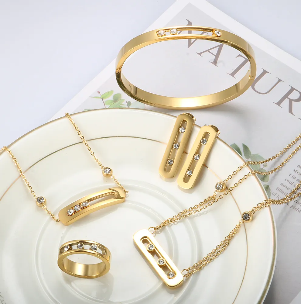 2022 nuovo arrivo in acciaio inox placcato oro 3 mobili zirconi bracciale collana orecchini anelli gioielli per donna