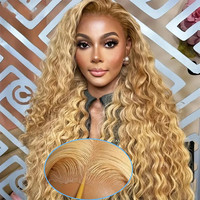 Perruque Cheveux Humains Bouclés Blond Miel Ondulés Profonds 30-36 Pouces, Perruque Frontale HD 13x6 en Dentelle, Ondulations Naturelles # Perruques Lace Front en Cheveux Humains, 27 Couleurs