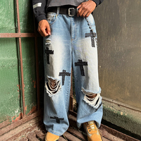 YSJY OEM fabricant personnalisé en détresse croix Patch Denim jean hommes Stretch Baggy pantalon droit déchiré jean hommes