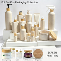 Ensemble d'emballages cosmétiques en paille de blé : flacon pompe, flacon à gâchette, tube, contenant vide rechargeable avec col en bambou. Vente en gros personnalisée directe usine.