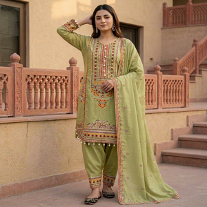 Tenue indienne traditionnelle en soie verte de qualité supérieure pour femmes, ensemble palazzo salwar kameez, costume pakistanais, Eid Ramzan, hiver, été - Product Image 1