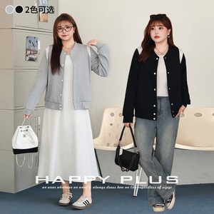 Chaqueta de Béisbol Happy Plus con Bloques de Color, Talla Grande para Mujer, Prenda Exterior Informal de Algodón Tejido, Negra y Gris - Product Image 4