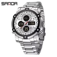 SANDA 3394 Multifunktionale digitale Business-Armbanduhr, minimalistische Countdown-Leuchtuhr mit drei Zeitzonen, Sportuhr