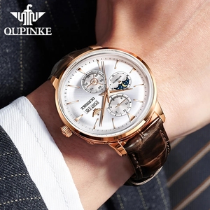 OUPINKE 3309 <b>Mechanical</b> Wrist watch for Men Auto Date Moon Phase Waterproof TOP Brand Man Hand <b>Clock</b> Leather Strap Men Watches - Product Image 4