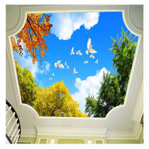 Papel pintado de foto personalizado techo 3D cielo azul nubes blancas ramas de flores palomas blancas decoración de pintura de pared grande - Product Image 4