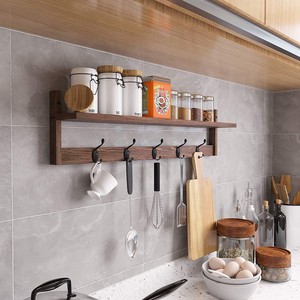 Wooden Wall <b>Shelf</b> With <b>Hooks</b> For Kitchen Storage Spice Rack Hanging Organizer Rectangle Shape Wall Mounted Type - Product Image 2
