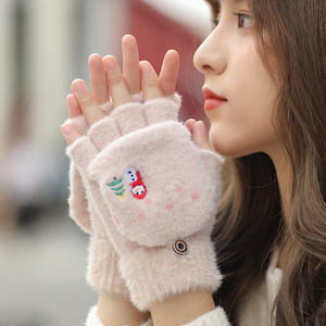 Autumn Winter Women's Half Finger Wrist-Length Nylon Flip Knitted <strong>Gloves</strong> <strong>Cute</strong> Korean Style Student Cold-proof Touchscreen - Product Image 6