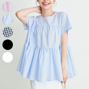 Nuova Moda Giapponese e Coreana: Camicetta Estiva in Cotone per Donne, Casual, Larga, Tinta Unita o a Quadri, <span class=keywords><strong>con</strong></span> <span class=keywords><strong>Volant</strong></span>, Collo Tondo, Manica Corta - Product Image 1