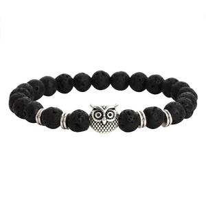 Pulsera de piedra volcánica de lava negra de 8mm para hombre, cuentas de búho de aleación, pulsera elástica para regalo - Product Image 5