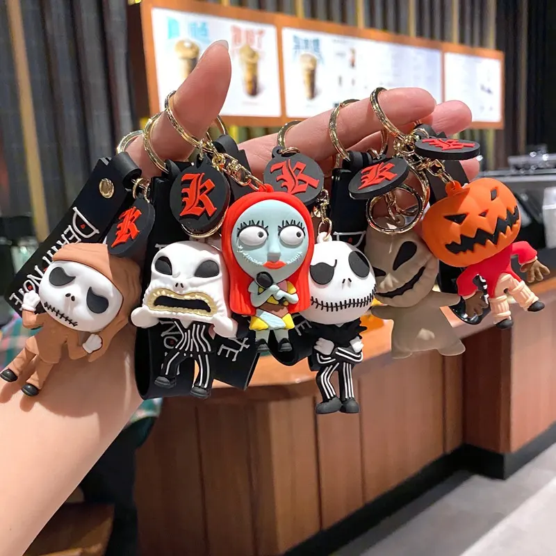 wholesale 3d pvc rubber jack and sally halloween keychain bag pendant The Nightmare Before Christmas horror keychain