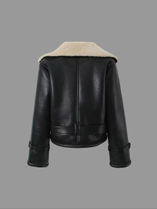 Veste en cuir de mouton véritable aviateur pour <span class=keywords><strong>femme</strong></span> Veste en fourrure de moto décontractée d'hiver recadrée Veste en cuir d'agneau - Product Image 3