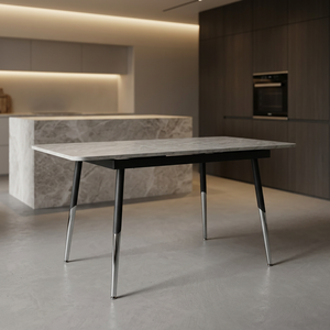 Modern Extendable Marble Dining <b>Table</b> White Top Butterfly Mechanisma Black Chrome Metal <b>Legs</b> Space Saving Furniture for 6-8 Pers - Product Image 1