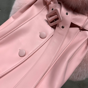 معاطف ترنش طويلة واقية من الرياح لعام 2024، جاكيتات من جلد الغنم الأصلي، معطف جلدي وردي طويل للنساء - Product Image 2