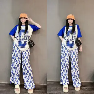 Thai Fashion suit Women's Summer Loose Contrast Short-sleeved Wide-leg Pants Casual Hong Kong-style Age-reducing Two-piece