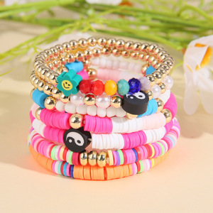 Colorful Polymer <b>Clay</b> Bracelet <b>Set</b> Bohemian Style Heart Smiley Face Women's Jewelry Gift for Valentine's Day - Product Image 2