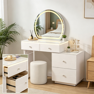 Nuevo Set de Tocador con Cajones y Panel de Rejilla, Espejo Redondo con Luz LED, Taburete Cilíndrico Desmontable, Mesa de Maquillaje Blanca para Dormitorio - Product Image 5