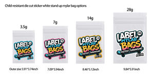 Faible MOQ, 100 pièces en stock, Sacs Mylar Doypack anti-enfants refermables de 3,5g, 7g, 14g, 28g avec étiquettes autocollantes découpées pour aliments pour animaux et lait - Product Image 3