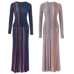 AIMEISI Wholesale New Round Neck Multi Color Stripe Long Sleeve <strong>Elastic</strong> Top Two Piece <strong>Skirts</strong> Sets Long <strong>Skirt</strong> Set for Women - Product Image 1