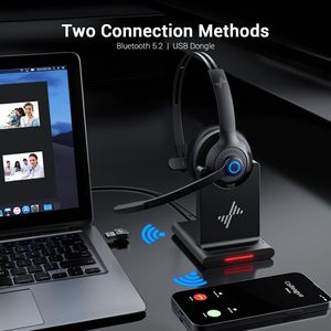 EAGLEND <b>Wireless</b> Headset with Charging Base & USB Dongle ENC <b>Microphone</b> Over-Ear Call Center Headphone for PC - Product Image 2