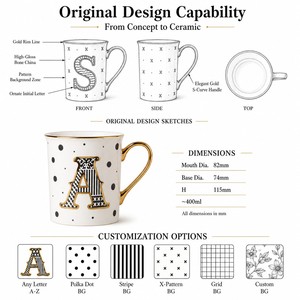 26 - Letter <strong>Monogram</strong> Ceramic <strong>Mugs</strong> Porcelain Drinkware with Gold - Accented Alphabet Prints Elegant Personalized Gifts - Product Image 2