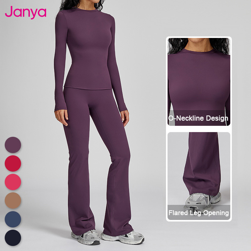 Janya Breathable Stretchable 4 Piece Set Round Neck Long Sleeve T-shirt Flare Leggings And Yoga Shorts Gym Fitness Yoga Outfit