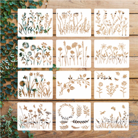Pochoir décoratif réutilisable en plastique PET écologique motif fleurs sauvages et vigne de cerisier pour peinture sur bois, couleurs blanc/noir, logo personnalisé