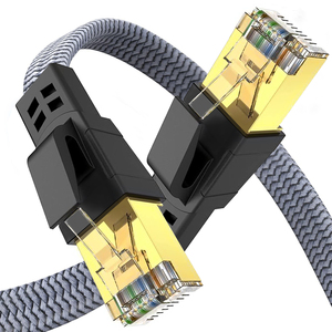 Cable Ethernet CAT8 STP Plano con Revestimiento de PVC, Tejido Gris Chapado en Oro de 30AWG, Cabeza Azul, Tejido Negro, RJ45 - Product Image 1