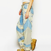 Jeans Boyfriend à Jambes Larges Bleu Clair Recyclé pour Femmes, Patchwork Floral, Bordure en Crochet, Denim Rétro, Style Bohème, Décontracté, Streetwear