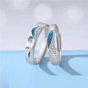 แหวนคู่แพลตตินั่ม S925 ชุบเงินเคลือบสีน้ำเงินไล่เฉดแบบหยดน้ำ แหวนคู่รัก เครื่องประดับเข้าชุด แหวนปรับขนาดได้ - Product Image 2