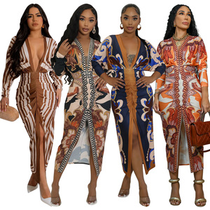 <span class=keywords><strong>Robe</strong></span> fendue sexy à manches longues et col en V imprimé multicolore pour femme - Nouveauté 10798 - Product Image 1