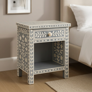 Handmade Shabby Chic Wood Nightstand Square Gray White Floral Inlay Bedroom Furniture Indoor Decor Side <b>Table</b> Home decor - Product Image 1