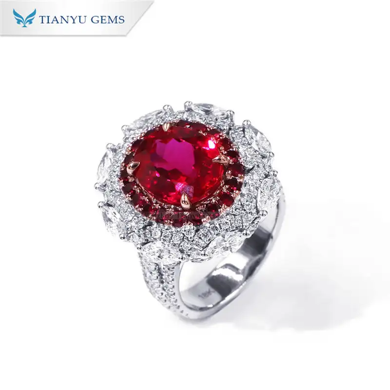 Tianyu gemmes personnalisé 14k 18k or blanc bague de fiançailles rubis de laboratoire avec bague de mariage moissanite incolore pour les fêtes de dames