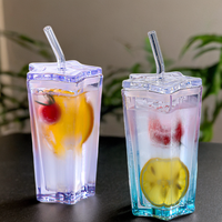Mug en verre borosilicate de 300 ml, double paroi, en forme d'étoile à cinq branches, coloré, pour jus, lait, café, avec couvercle et paille