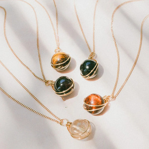 Gemstone <b>Necklaces</b> | 18K PVD Gold Plated Stainless Steel Wire-Wrapped Natural Stone Celestial Sphere Planet Pendants - Product Image 5