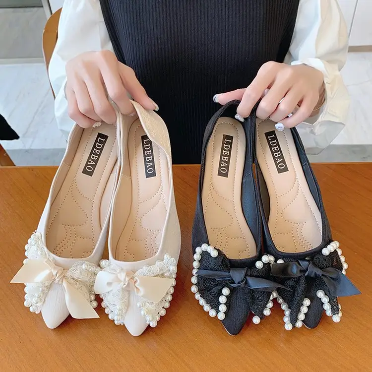 Women Beautiful Bow Pearl Flat Shoes Party Dress Pointed Toe Bridal Flat Wedding Shoes