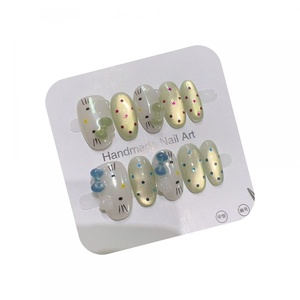 Faux ongles à presser faits à la main, motif chat KT <span class=keywords><strong>bleu</strong></span>-<span class=keywords><strong>vert</strong></span>, style français, nœud 3D, couverture complète avec colle, art des ongles mignon et dessin animé - Product Image 1
